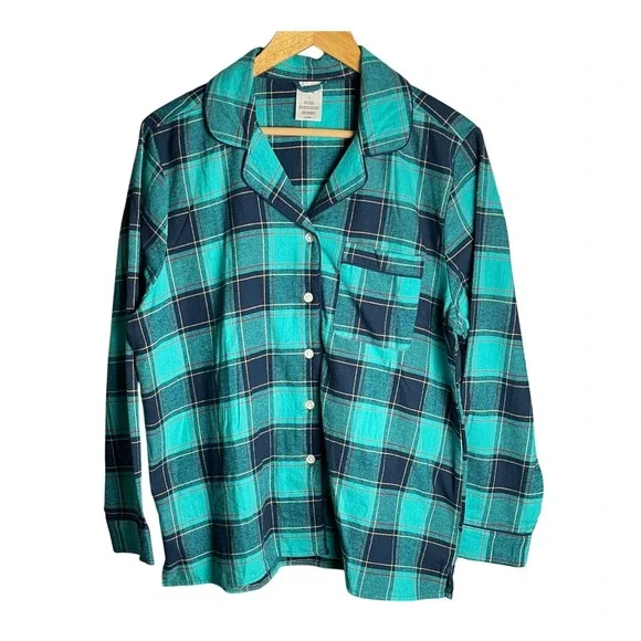 Lands End Womens Teal Navy Blue Plaid Flannel Pajama Set Cotton Size L - Picture 3 of 8